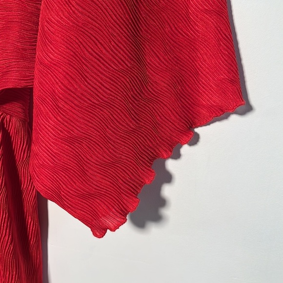 ZARA Kimono SLV Shimmer Ribbed Draped Lettuce Edge V-Neck Red Midi Party Dress S - Picture 5 of 16